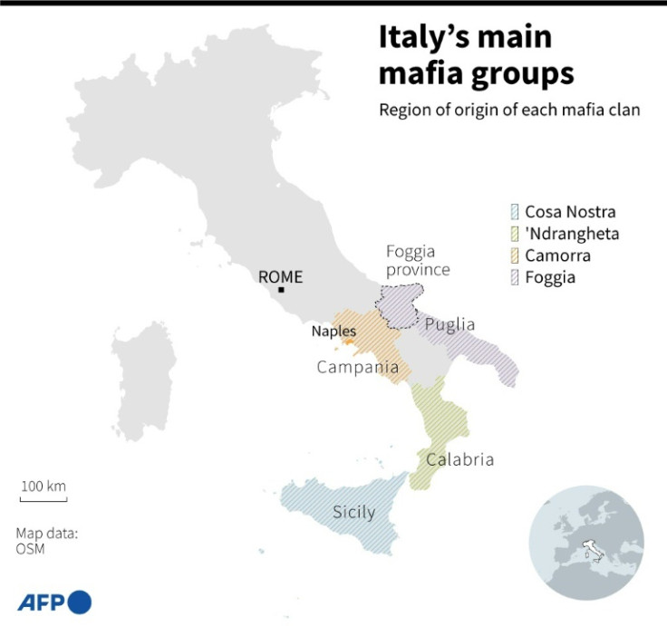Mapa de Italia que ubica las regiones donde están activos los principales grupos mafiosos