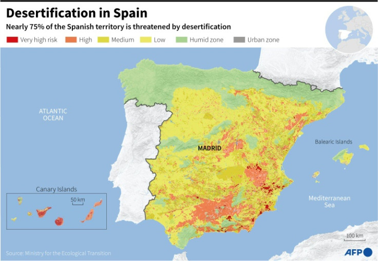 Mapa de España con los niveles de riesgo de desertificación, según el Programa de Acción Nacional contra la Desertificación (PAND) del Ministerio para la Transición Ecológica