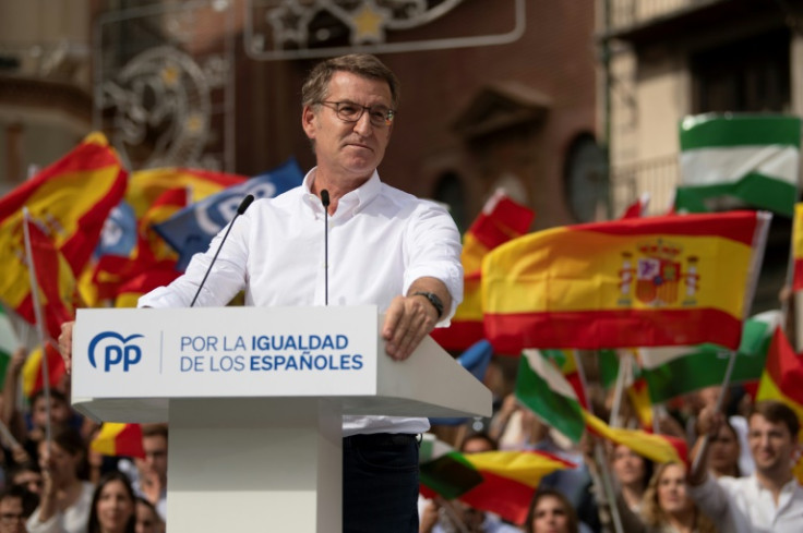 El líder del Partido Popular, Alberto Núñez Feijoo, habla en una manifestación contra los planes de conceder amnistía a los separatistas catalanes, en Málaga.